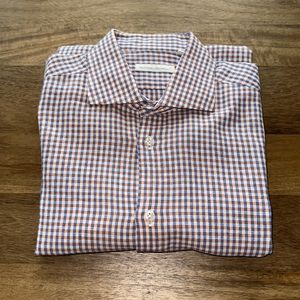 Massimo Brunelli Blue & orange small gingham check shirt collar 15 3/4